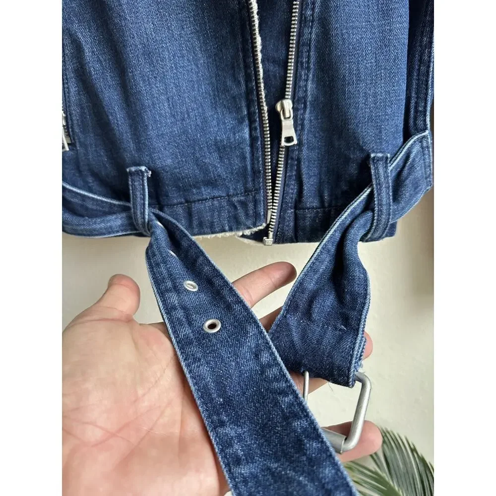 Gap Women's Denim Jacket XS Sherpa Lined Biker Belt Buckle Blue 1969